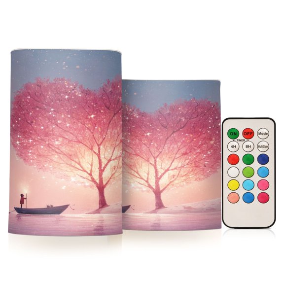 Set of 2 Flameless Candles Lights with Remote Control Flickering LED Candles Electric Candles for Home Decor Parties Whimsical Heart-shaped Tree