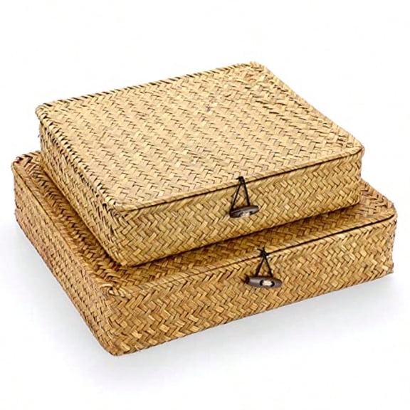 Set of 2 Flat Woven Wicker Storage Bins with Lid Natural Seagrass Basket Boxes Multipurpose Home Organizer Bins Boxes for Shelf Organizer Caramel