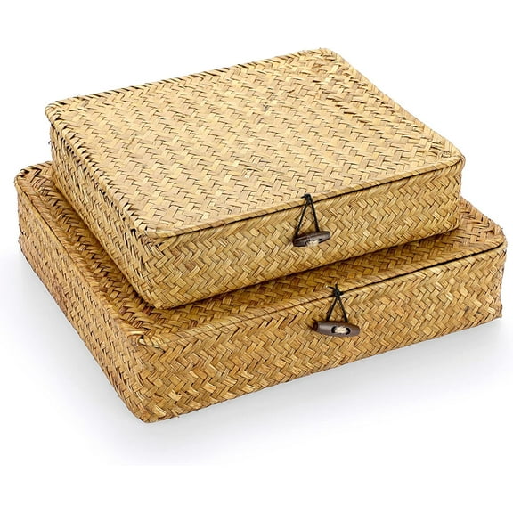 Set of 2 Flat Woven Wicker Storage Bins with Lid Natural Seagrass Basket Boxes Multipurpose Home Organizer Bins Boxes for Shelf Organizer, Caramel