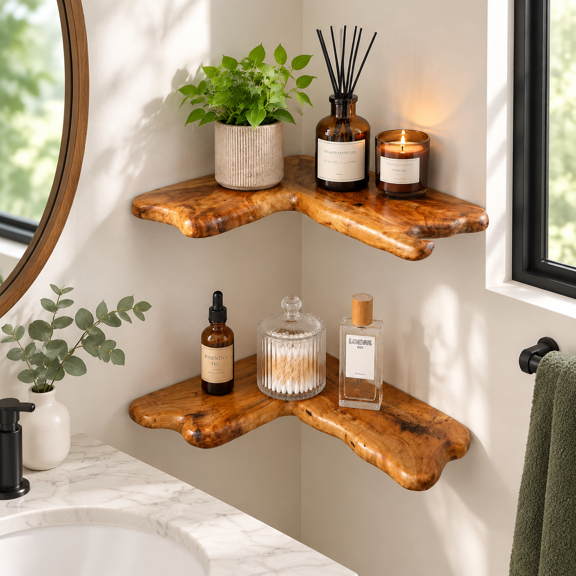 Set of 2 Floating Corner Shelves, Cedar Root Wood Live Edge Wall Mount Display for Home Decor