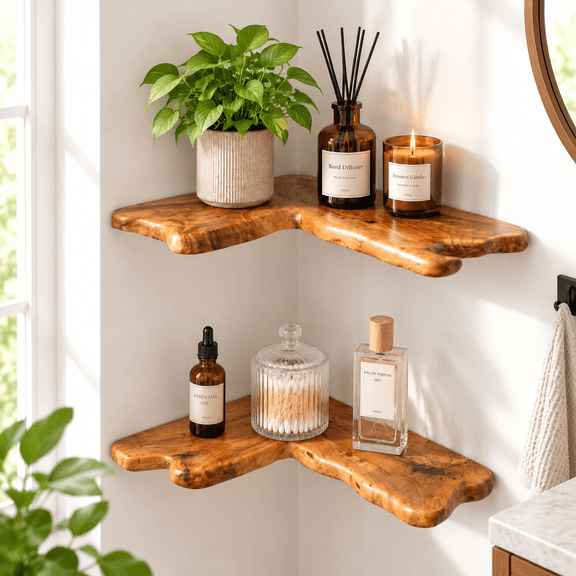 Set of 2 Floating Corner Wall Shelves, Cedar Root Wood Live Edge Display Shelves for Bedroom, Bathroom, Kitchen