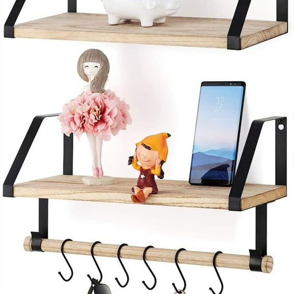 Set of 2 Floating Shelves Wall Mount for Kitchen Home with 6 Hooks Storage, Wood
