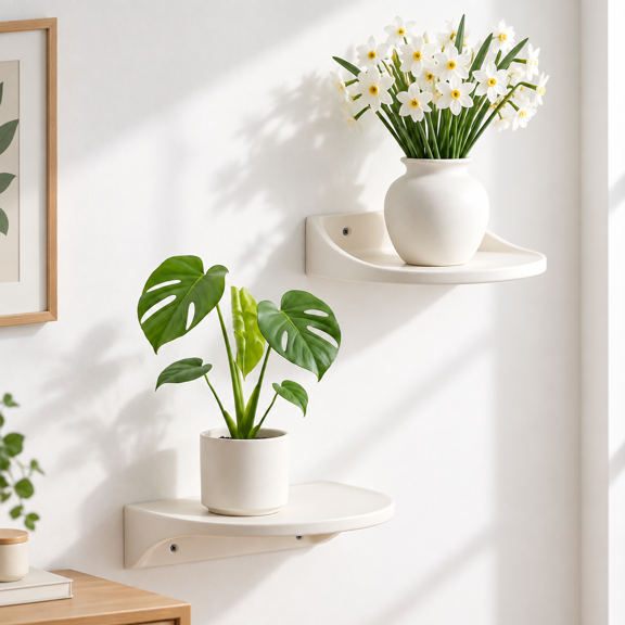 Set of 2 Floating Wall Shelves, 7.44"L x 5.9"D x 1.65"H, White Faux Stone
