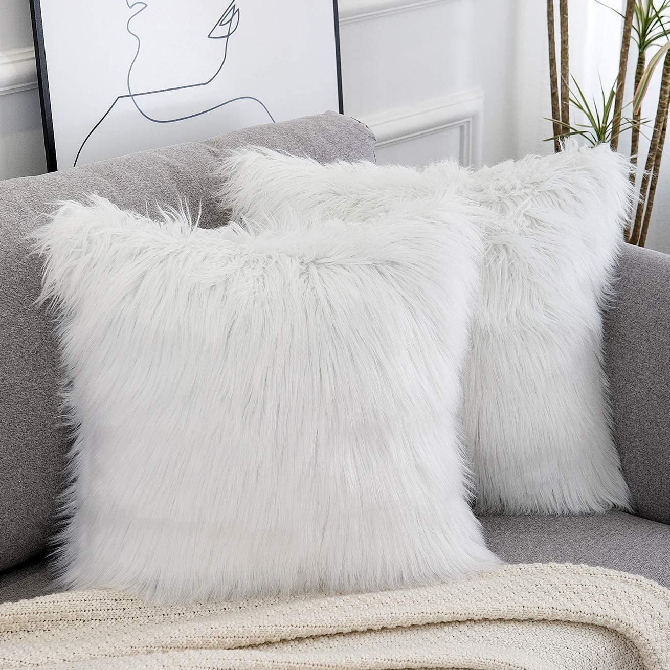 Set Of 2 Fluffy Pillow Covers New Luxury Series Merino Style Blush Faux Fur Decorative  Throw Pillow Covers Square Fuzzy Cushion Case 18x18 Inch