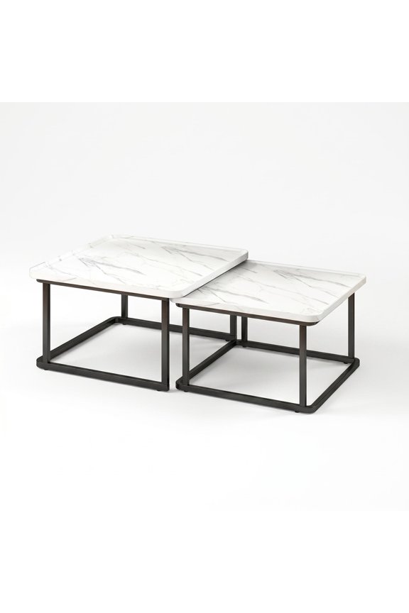 Set of 2 Fluted Nesting Coffee Tables 23.6" & 19.7" Raised Edge, Space-Saving Center for Small Spaces