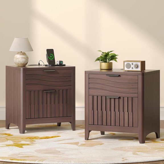 Set of 2 Fluted Nightstands with Charging Station, 2 Storage Drawers, Curved Corner and Metal Handles, Walnut Bedside Tables