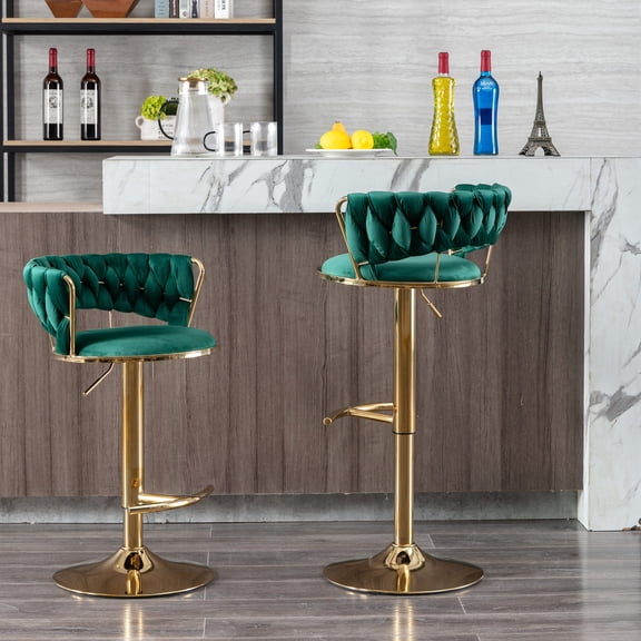 Set of 2 Foam - Filled Green Bar Stools with Chrome Footrest / Height Adjustable for Poolside Bars