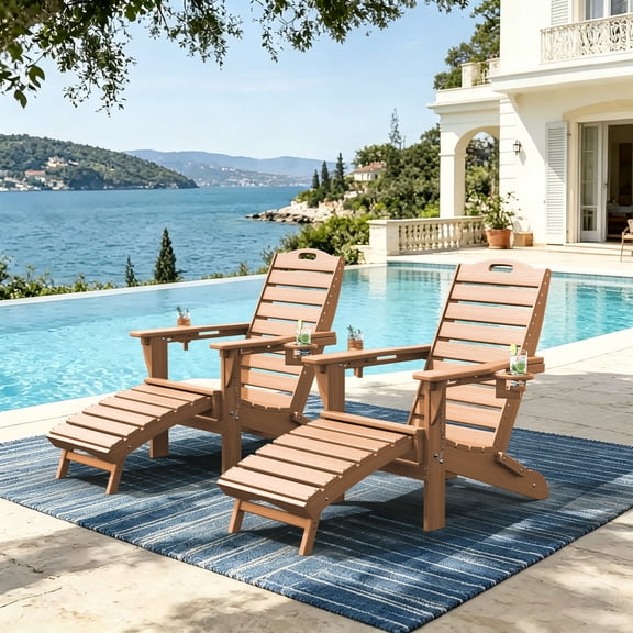 Set of 2 Folding Adirondack Chairs with Ottoman, HDPE Patio Seating, Teak