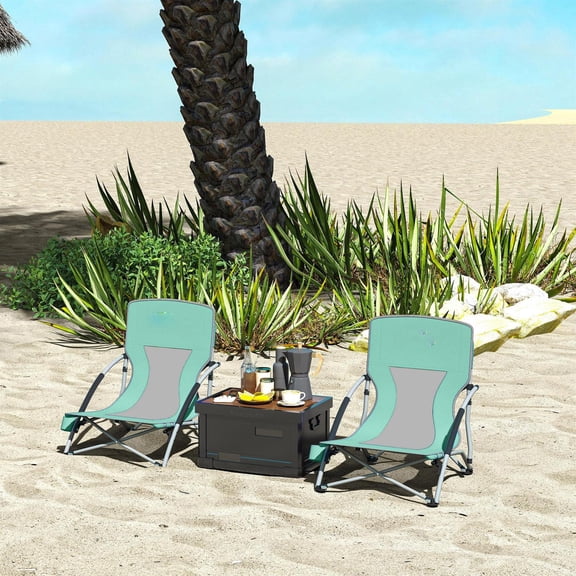 Demi Bonn Set of 2 Folding Beach Chairs with Mesh Back, Carry Bag and Cup Holder for Outdoor Camping Lawn Sports Picnic Turquoise