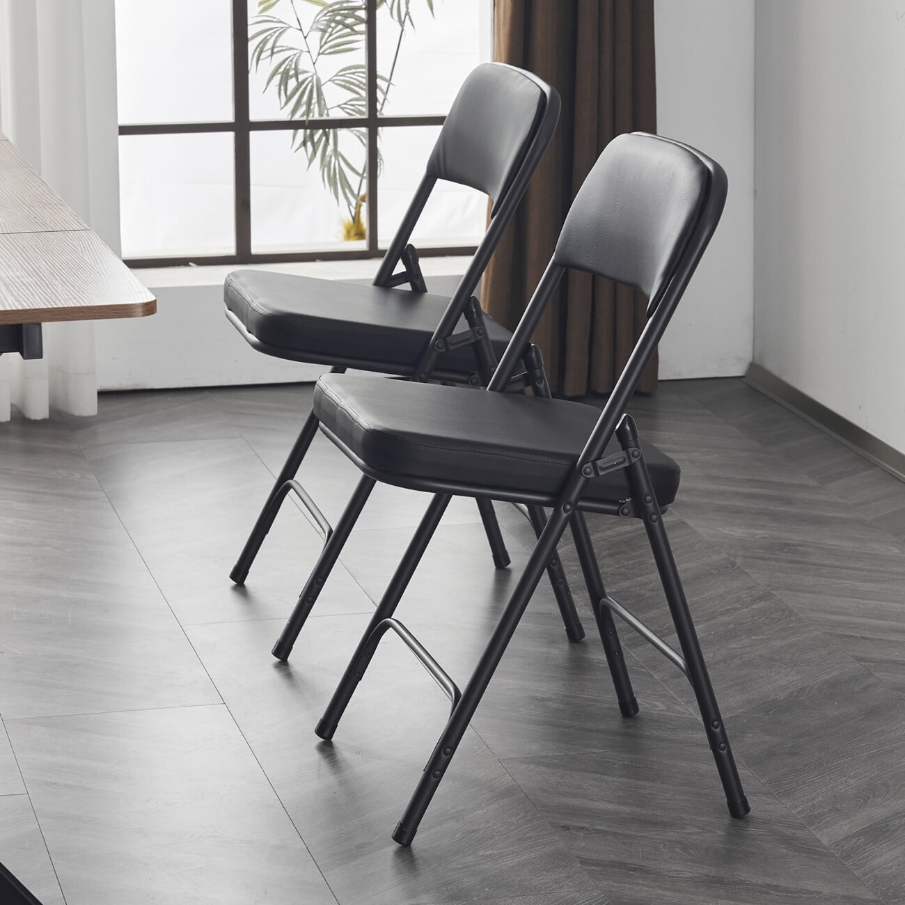 Set of Folding Chairs with Cushion, Metal Frame with PU Seat
