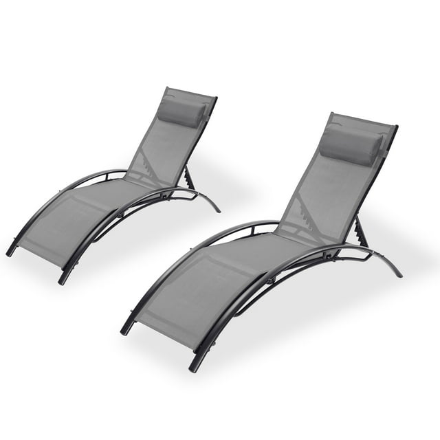 Set of 2, Folding Patio Chaise Lounge Chair for Outside, Aluminum Adjustable Outdoor Pool Recliner Chair, Black Frame (Grey)