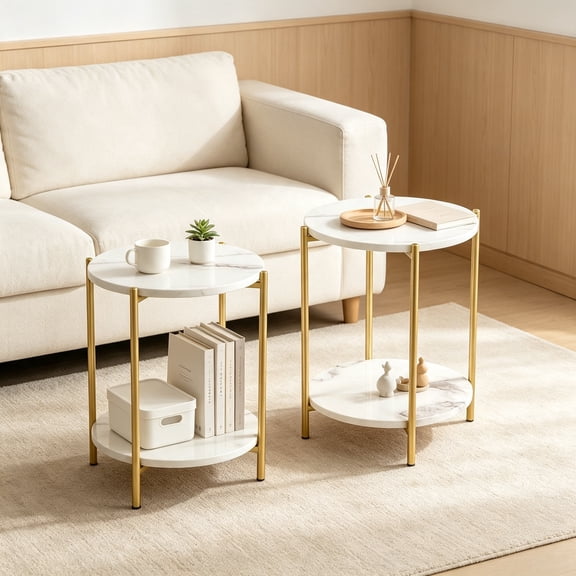 Set of 2 Folding Round 2-Tier Side Tables Faux Marble White, Waterproof Removable Trays, Indoor/Outdoor Accent Table for Living Room, Bedroom