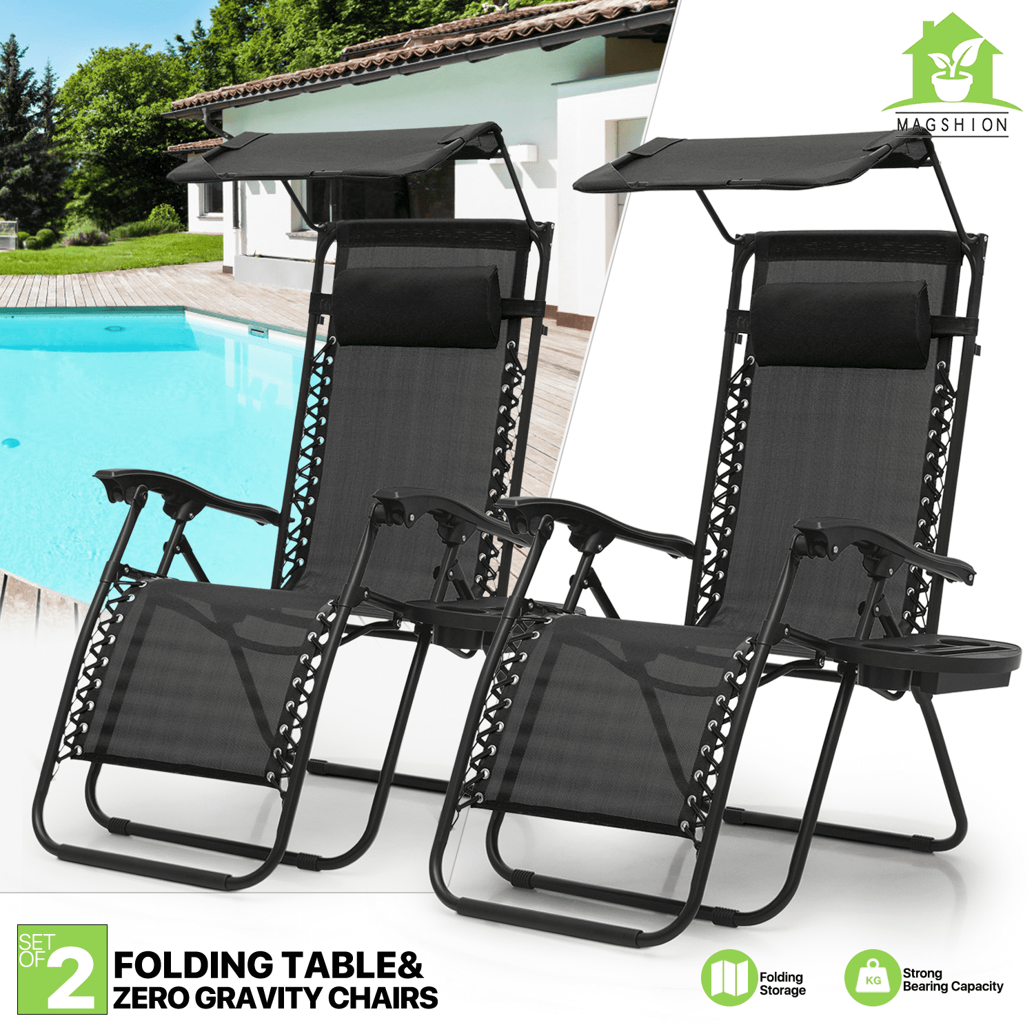 Set of Folding Zero Gravity Chair Canopy Lounge Chaise Beach