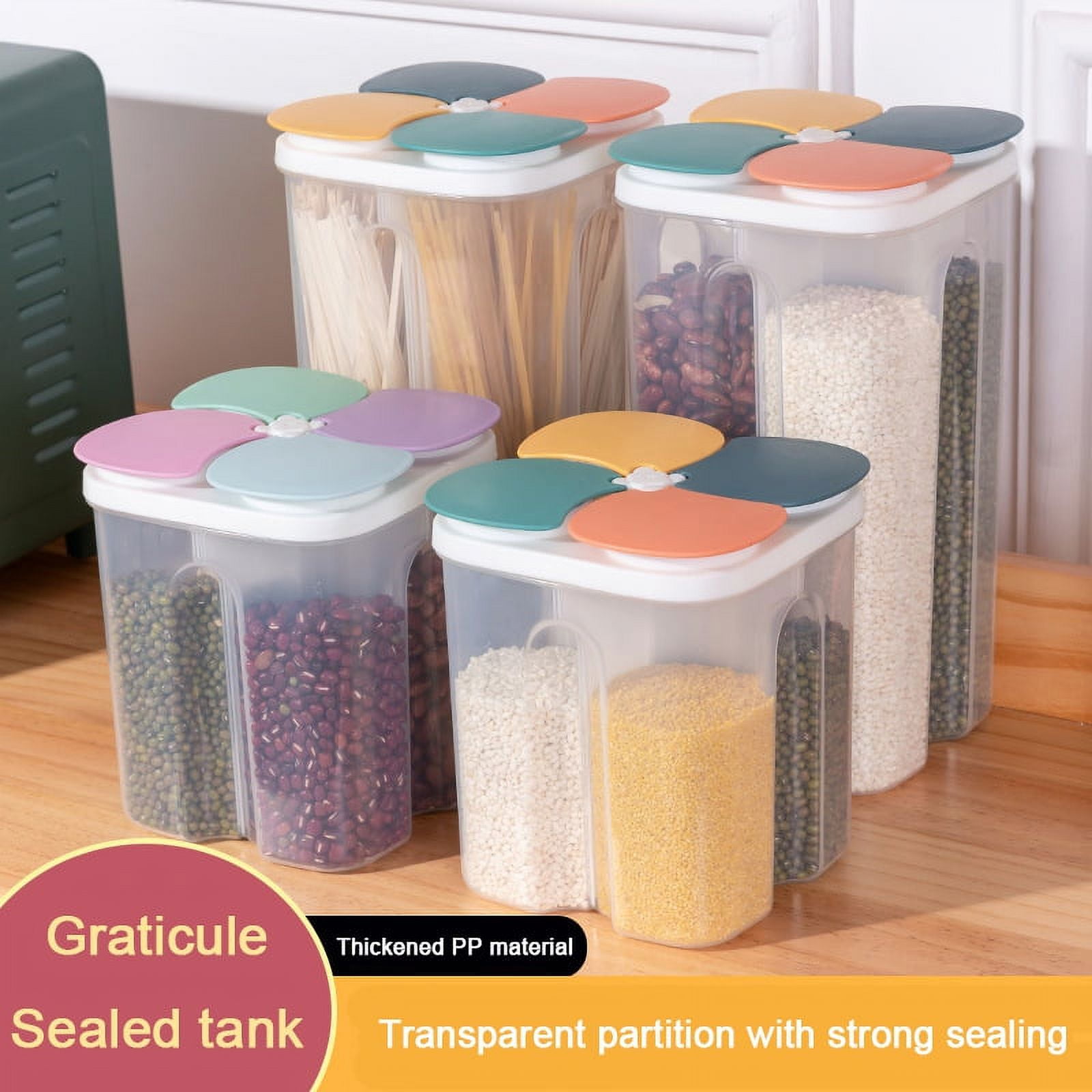 Set of 2 Food Storage Containers Four Compartments Removable Airtight Plastic Storage Container for Kitchen Pantry BPA Free