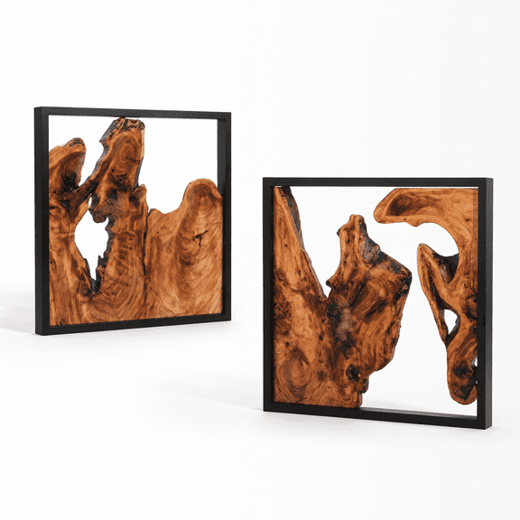 Set of 2 Framed Cedar Wood Wall Sculptures, Handcrafted Live Edge Artwork