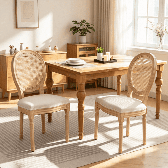 Set of 2 French Style Solid Wood Frame Antique Painting Linen Fabric Rattan Back Dining Chair (Beige)