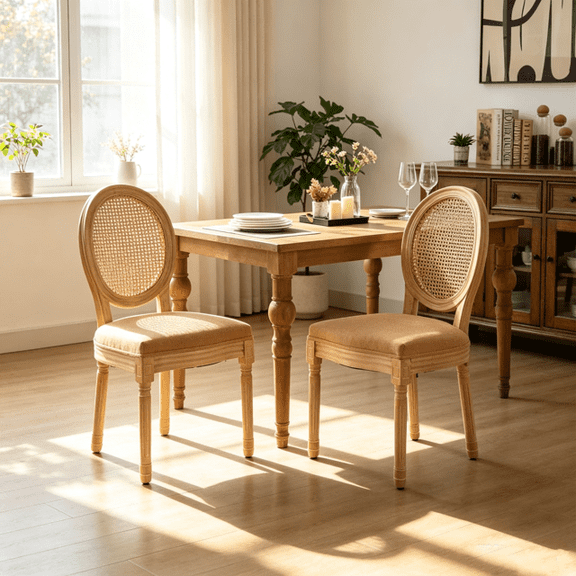 Set of 2 French Style Solid Wood Frame Antique Painting Linen Fabric Rattan Back Dining Chair (Tan)