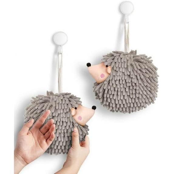 Set of 2 Fuzzy Ball Hand Towels,Hedgehog Decorative Towels for Bathroom (Pack of 2, Grey)