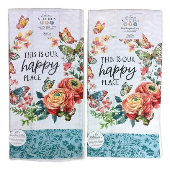 Set of 2 GARDEN BUTTERFLY Happy Place Terry Kitchen Towels by Kay Dee Designs