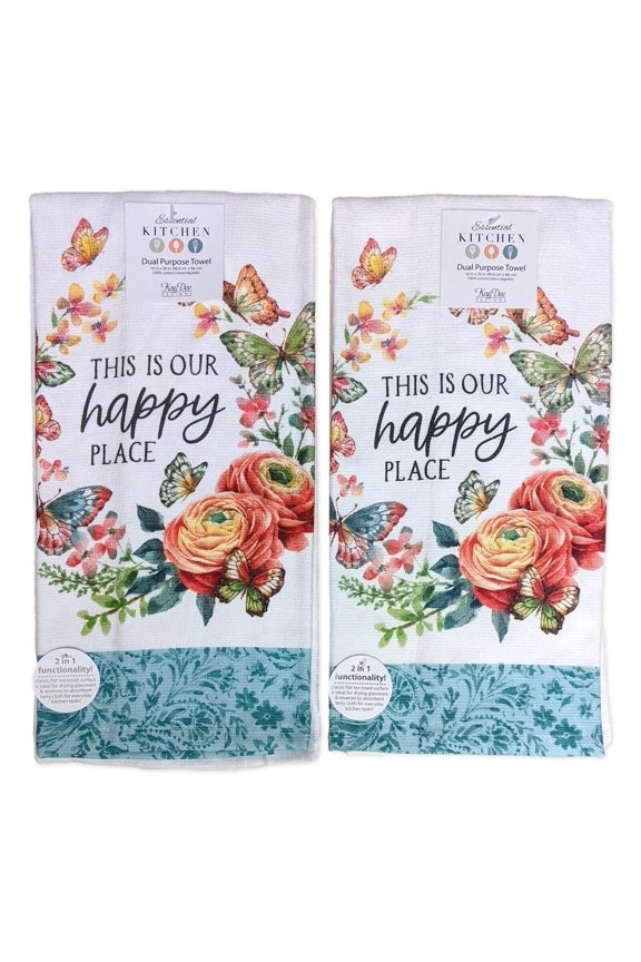 Set of 2 GARDEN BUTTERFLY Happy Place Terry Kitchen Towels by Kay Dee Designs