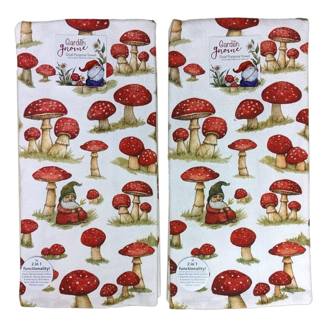 Set of 2 GARDEN GNOME Mushrooms Terry Kitchen Towels by Kay Dee Designs