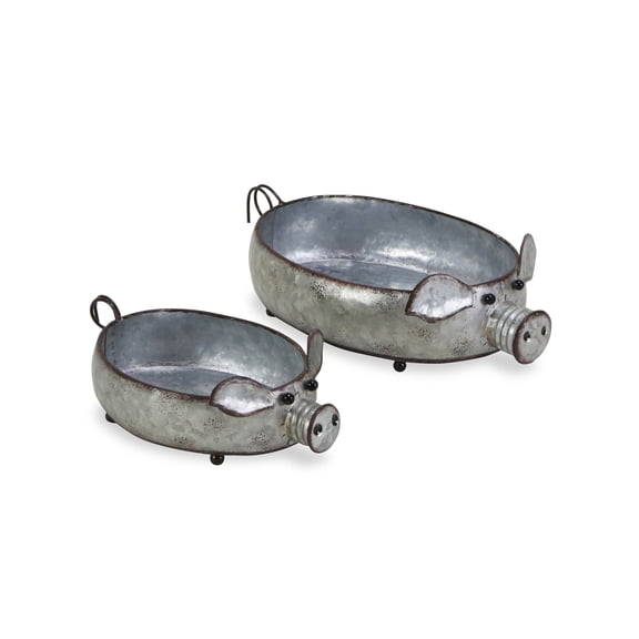 Set of 2 Galvanized Metal Piglet Planters