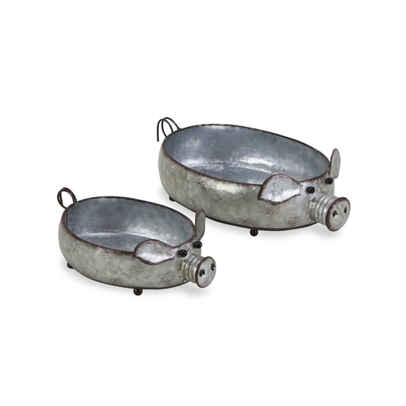 Set of 2 Galvanized Metal Piglet Planters
