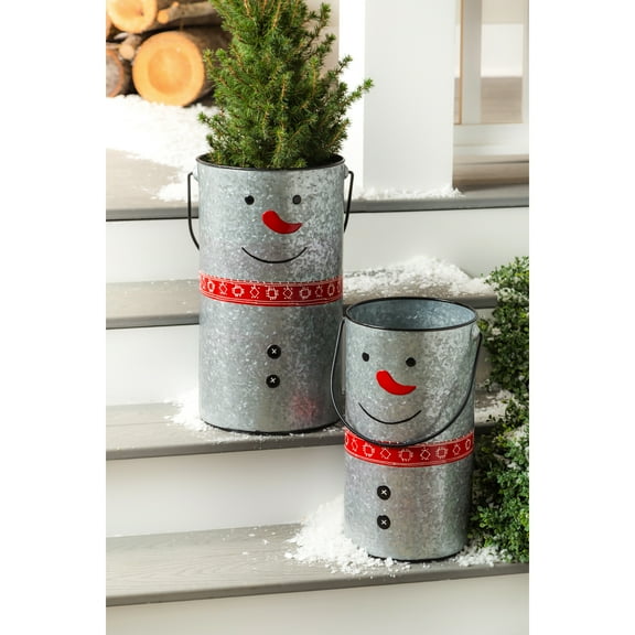 Evergreen Set of 2 Galvanized Metal Snowman Planter with Scarf