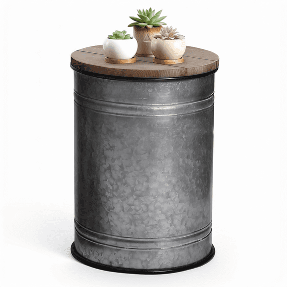 Set of 2 Galvanized Storage Side Tables with Wood Tops, Rustic Metal Barrel Ottomans with Removable Lids for Living Room, Bedroom, or Garden
