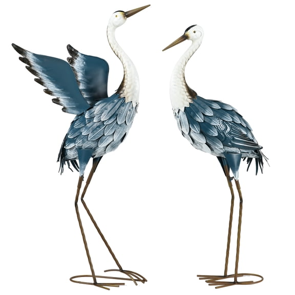 Set of 2 Garden Sculptures, Heron Garden Statues for Lawn, Patio, Backyard Decoration, 29" & 27.5", Blue & White