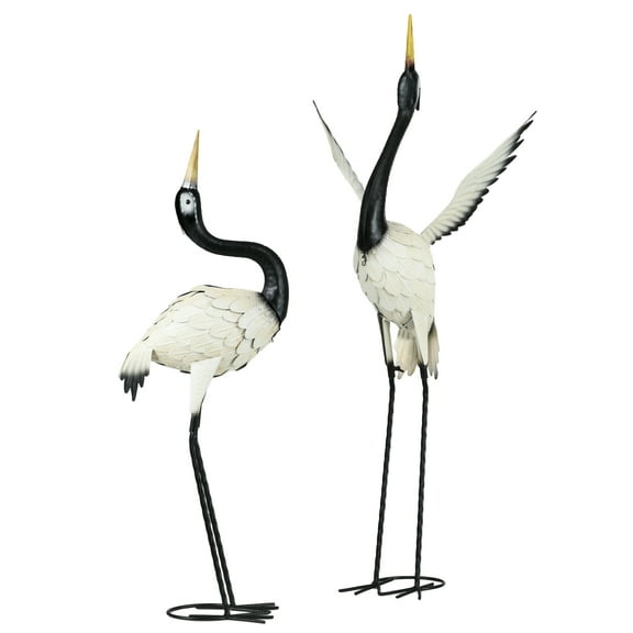 Set of 2 Garden Sculptures, Heron Garden Statues for Lawn, Patio, Backyard Decoration, 35.5" & 40.5", White & Black