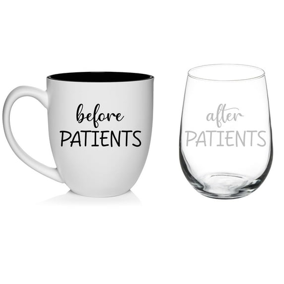 Set of 2 Gift 17oz Stemless Wine Glass and 16oz White Coffee Mug Before & After Patients Funny For Nurse Doctor Hygienist Physician Dentist Tech
