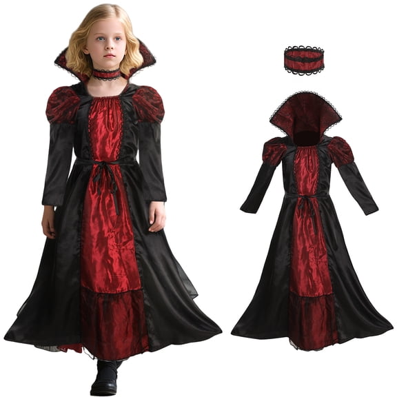Set of 2 Girls Royal Vampire Costume, Black Red Medieval Gothic Long Dress with Lace Choker for Halloween Cosplay