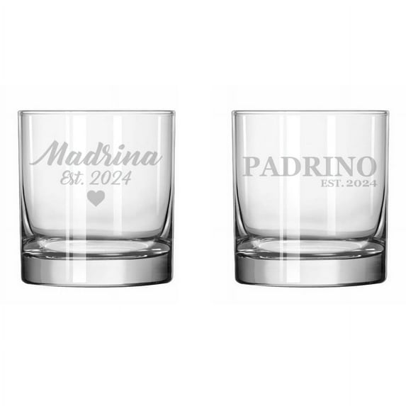 Set of 2 Glass 11 oz Rocks Whiskey Glass Gift Madrina Est 2024 And Padrino Est 2024