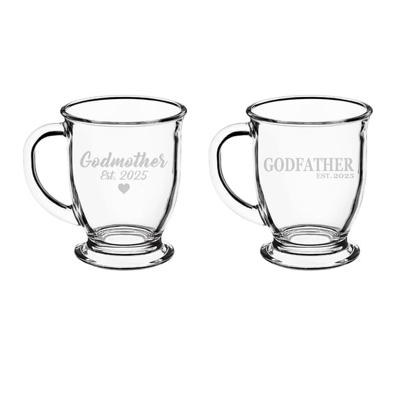 Set of 2 Glass 16oz Coffee Mug Tea Glass Gift Godmother Est 2025 And Godfather Est 2025