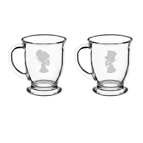 Set of 2 Glass 16oz Coffee Mug Tea Glass Gift Skull Skeleton Couple His and Her Bride and Groom Wedding Engagement Anniversary Bridal Shower