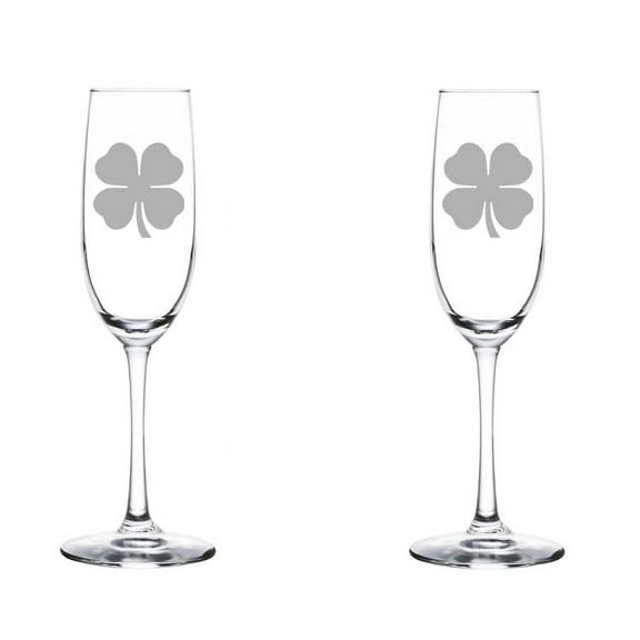 Set of 2 Glass Champagne Flutes Sparkling Wine Glasses 4 Leaf Clover Shamrock (8 oz Stemmed)