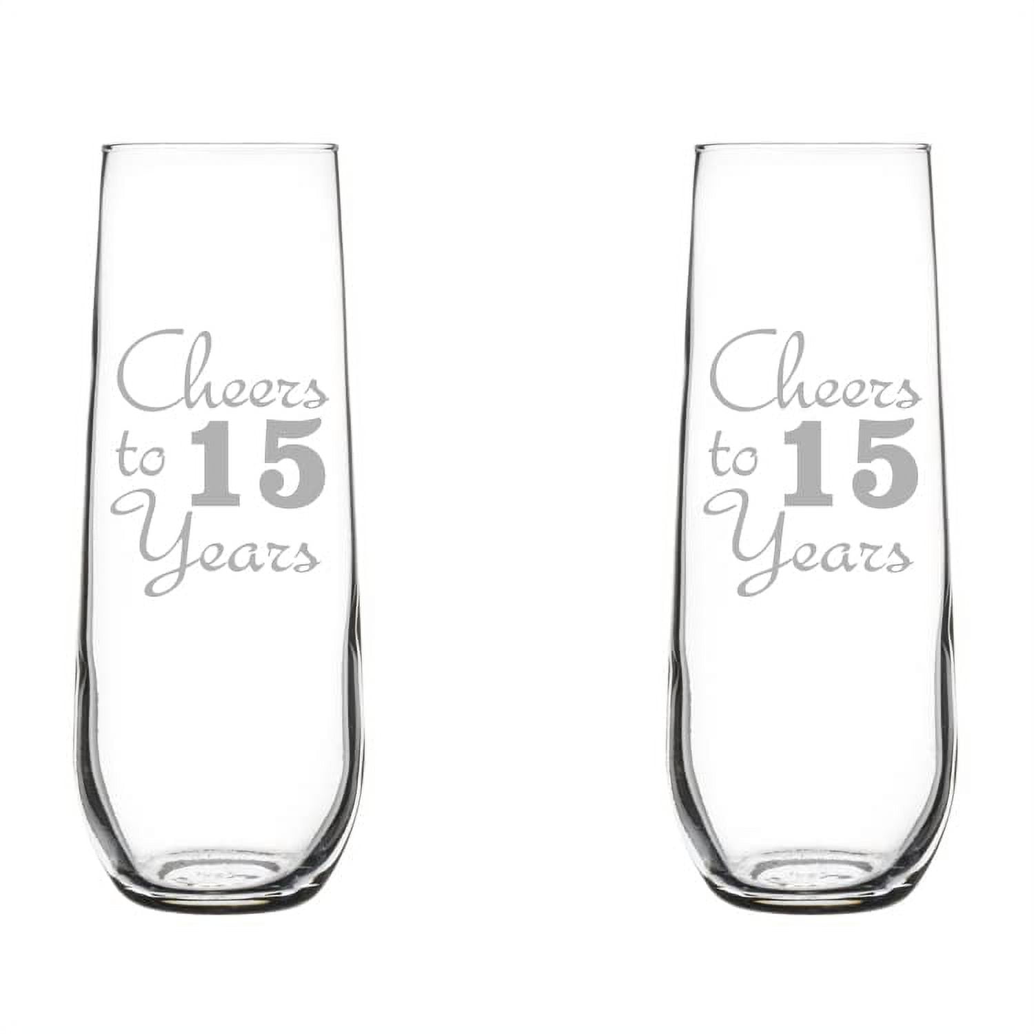 Set of 2 Glass Champagne Flutes Sparkling Wine Glasses Anniversary Cheers 15 Years (8.5 oz Stemless)