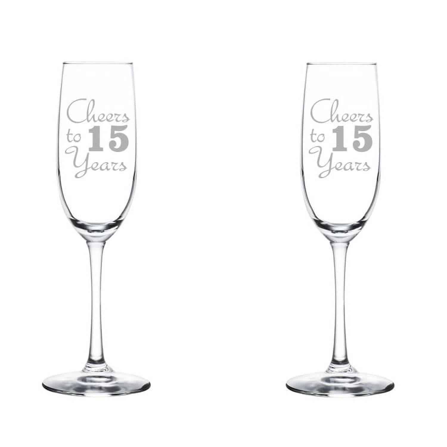 Set of 2 Glass Champagne Flutes Sparkling Wine Glasses Anniversary Cheers 15 Years (8 oz Stemmed)