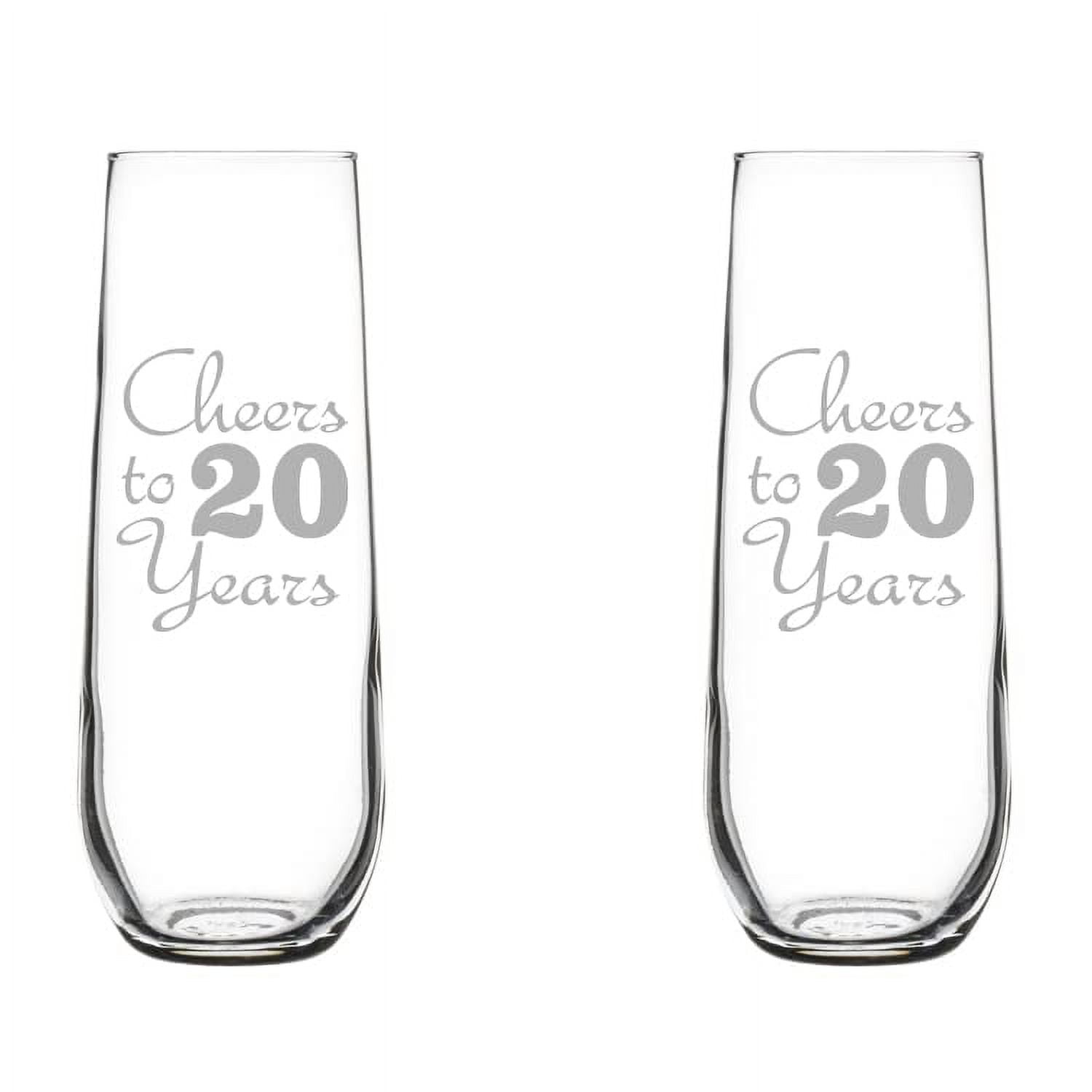 Set of 2 Glass Champagne Flutes Sparkling Wine Glasses Anniversary Cheers 20 Years (8.5 oz Stemless)