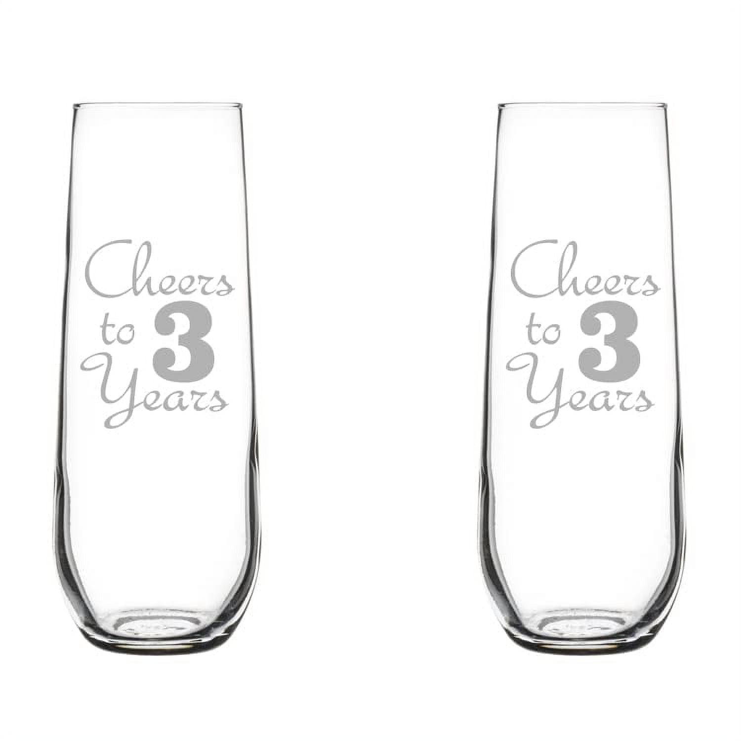 Set of 2 Glass Champagne Flutes Sparkling Wine Glasses Anniversary Cheers 3 Years (8.5 oz Stemless)