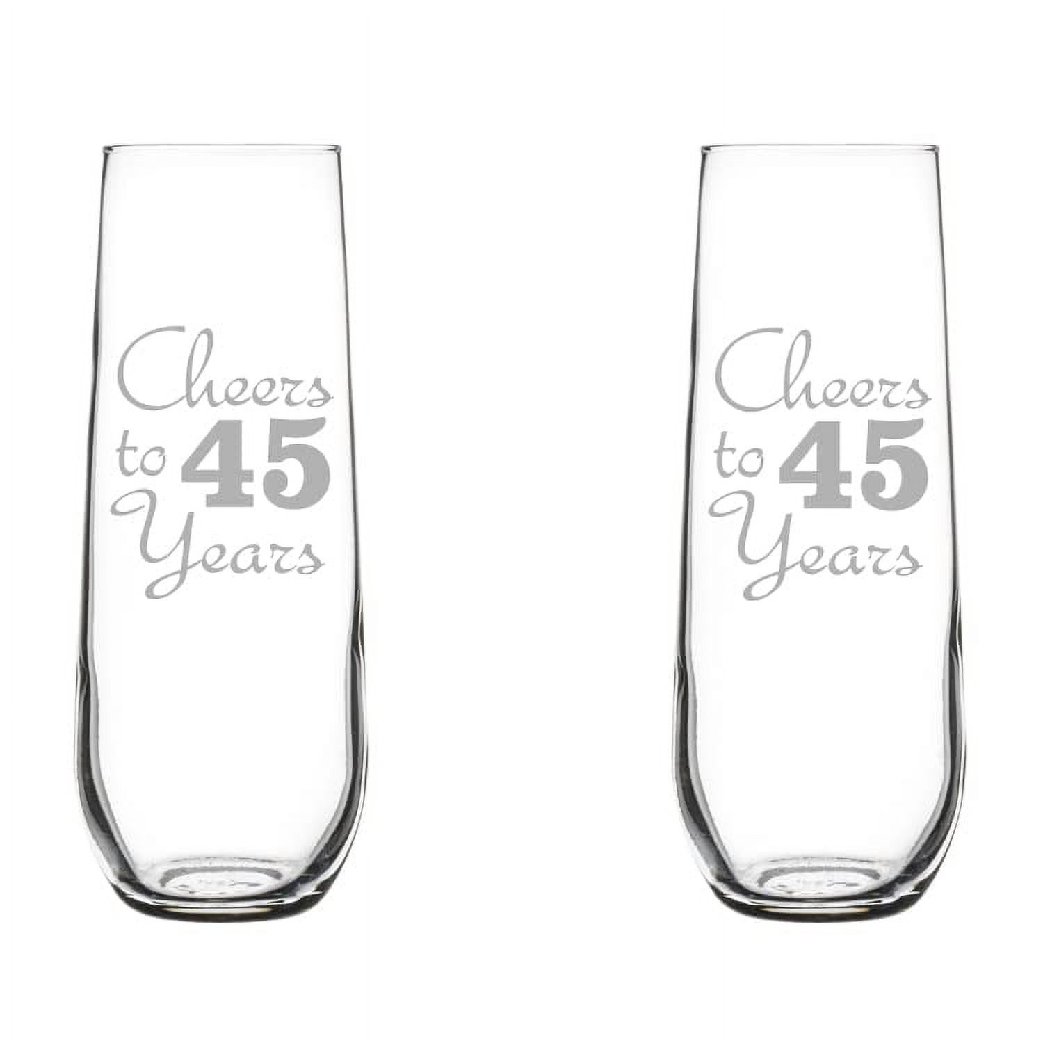 Set of 2 Glass Champagne Flutes Sparkling Wine Glasses Anniversary Cheers 45 Years (8.5 oz Stemless)