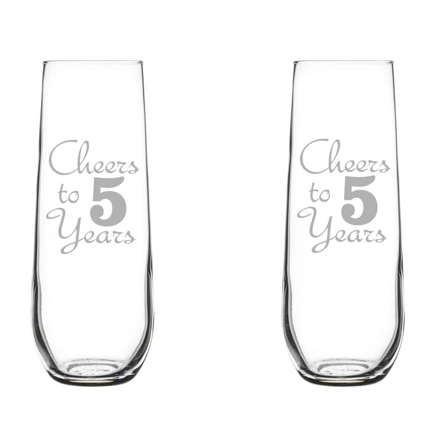 Set of 2 Glass Champagne Flutes Sparkling Wine Glasses Anniversary Cheers 5 Years (8.5 oz Stemless)