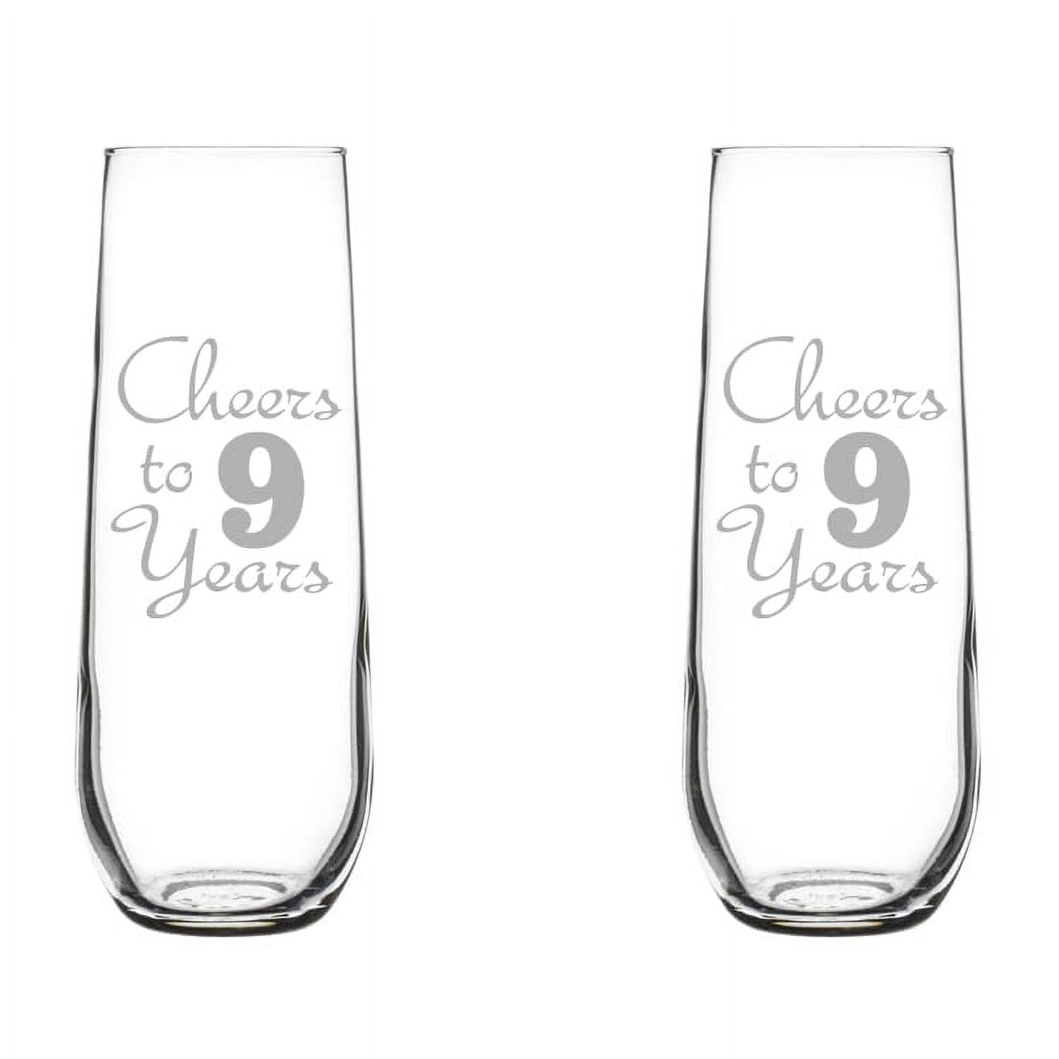 Set of 2 Glass Champagne Flutes Sparkling Wine Glasses Anniversary Cheers 9 Years (8.5 oz Stemless)