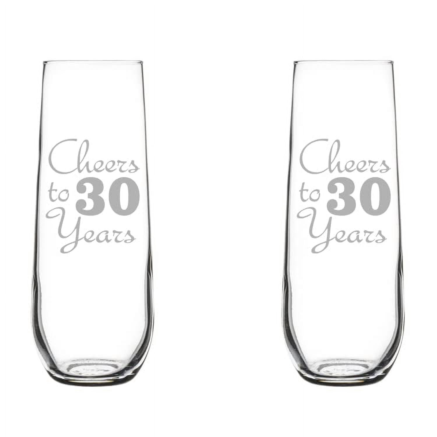 Set of 2 Glass Champagne Flutes Sparkling Wine Glasses Birthday Anniversary Cheers 30 Years (8.5 oz Stemless)