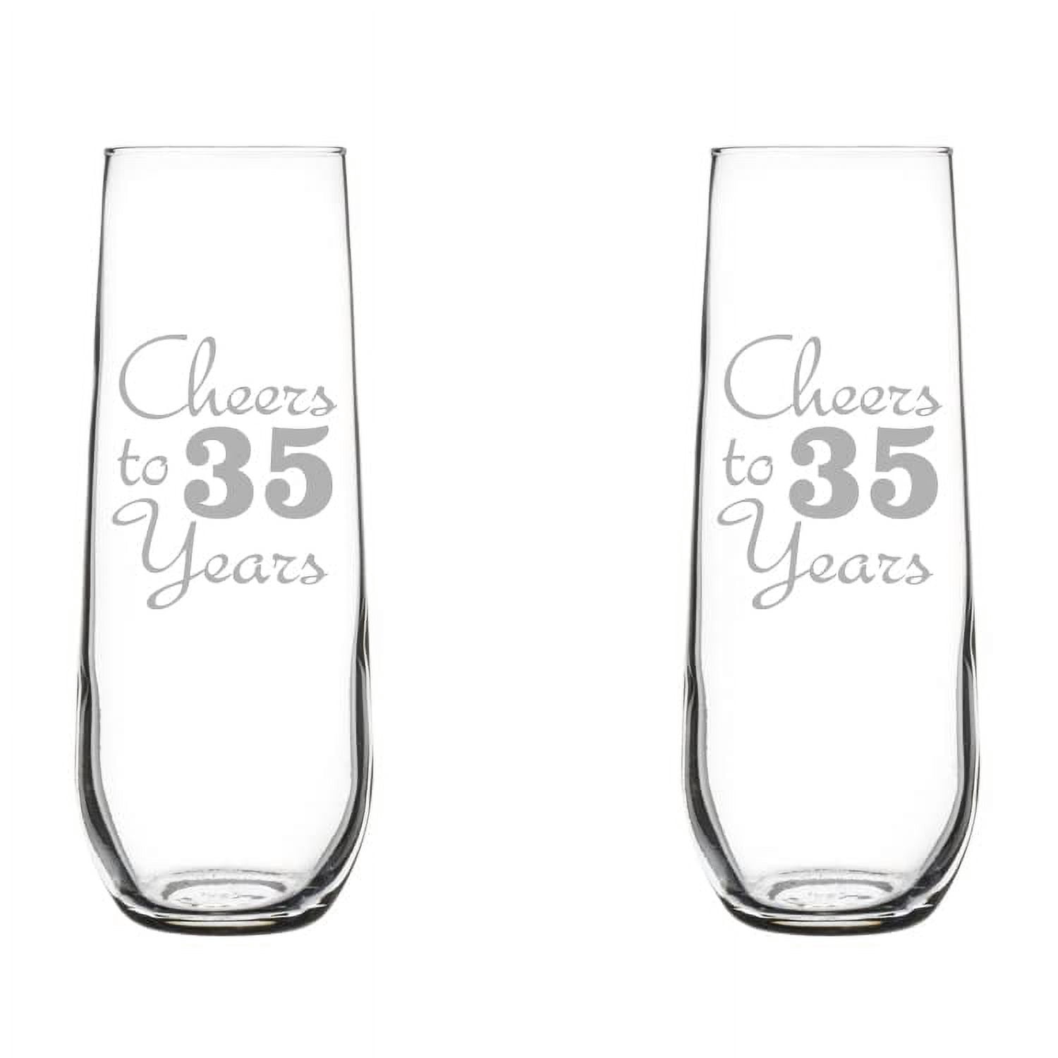 Set of 2 Glass Champagne Flutes Sparkling Wine Glasses Birthday Anniversary Cheers 35 Years (8.5 oz Stemless)