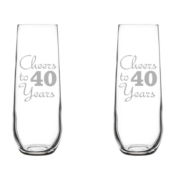 Set of 2 Glass Champagne Flutes Sparkling Wine Glasses Birthday Anniversary Cheers 40 Years (8.5 oz Stemless)