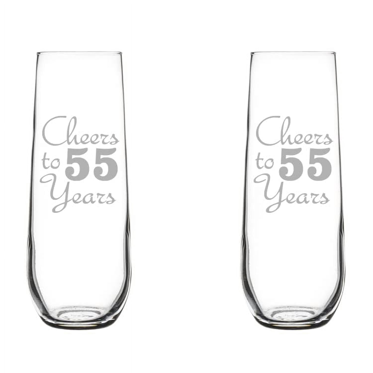 Set of 2 Glass Champagne Flutes Sparkling Wine Glasses Birthday Anniversary Cheers 55 Years (8.5 oz Stemless)