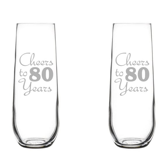 Set of 2 Glass Champagne Flutes Sparkling Wine Glasses Birthday Anniversary Cheers 80 Years (8.5 oz Stemless)