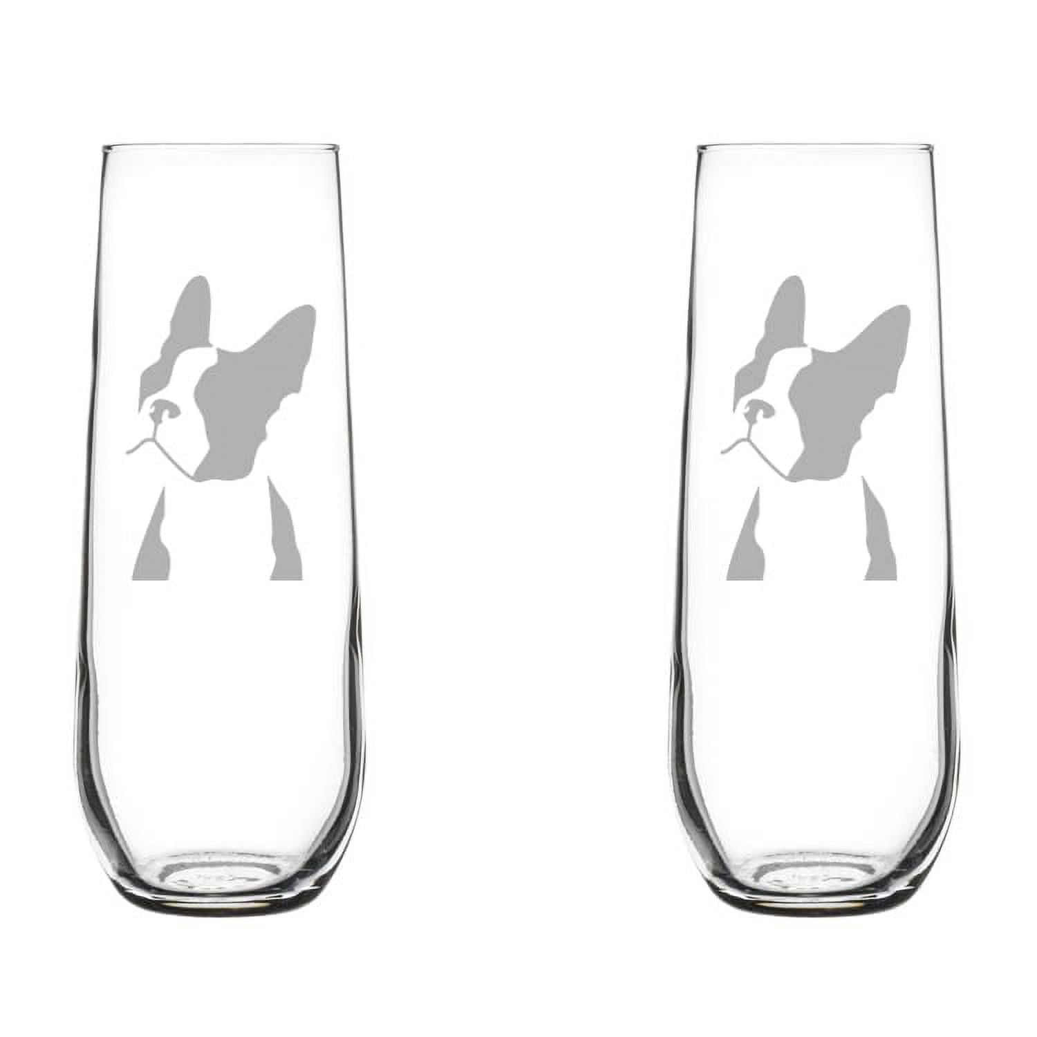 Set of 2 Glass Champagne Flutes Sparkling Wine Glasses Boston Terrier Face (8.5 oz Stemless)